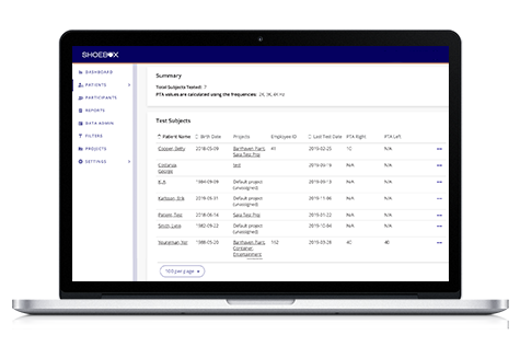 A screenshot from the SHOEBOX Data Management portal showing an occupational hearing testing summary report