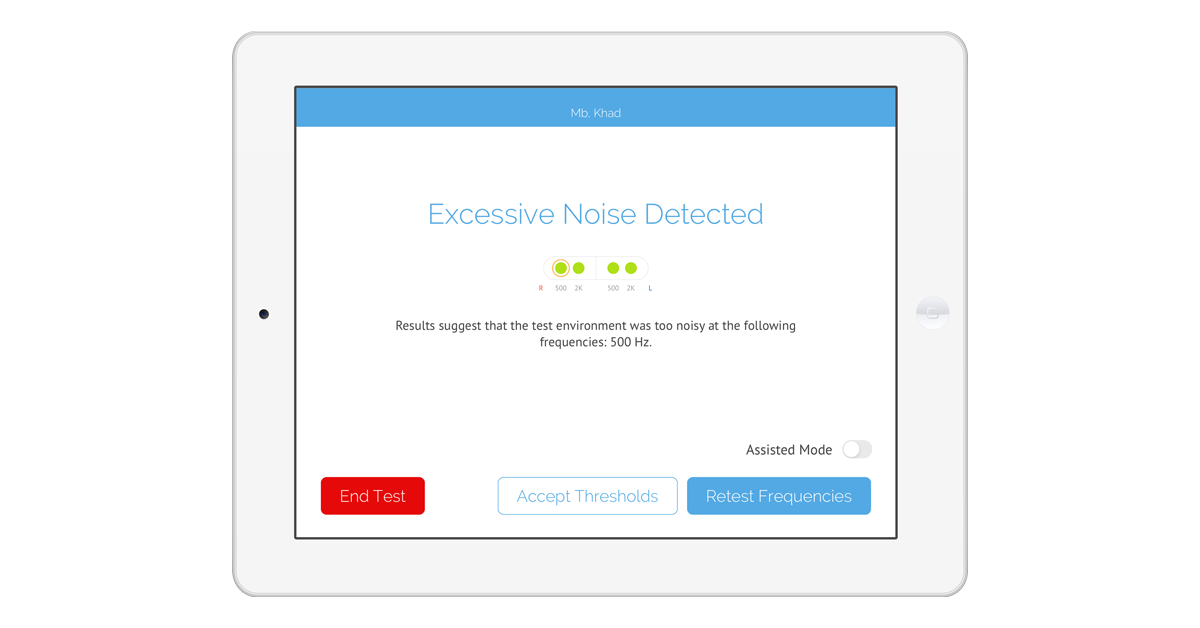 An screenshot of SHOEBOX Audiometry indicating that excessive noise has been detected, preventing the test from being started