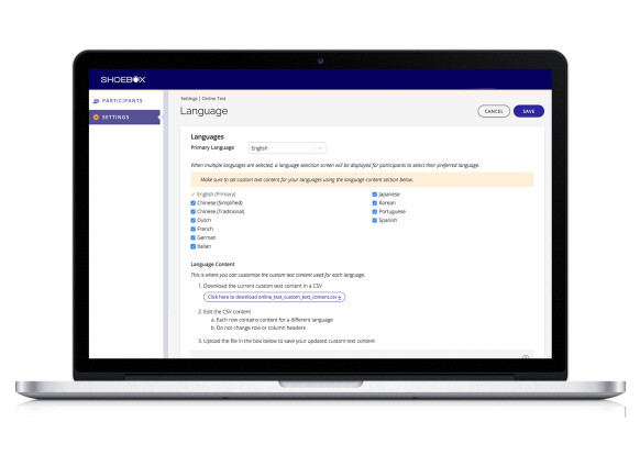A screenshot of the language configuration options for SHOEBOX Online