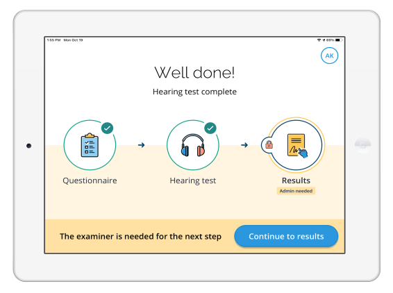 Screenshot of SHOEBOX PureTest at the completion of a hearing test indicating that the test has been completed