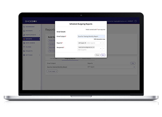 A screenshot of SHOEBOX Data Management version 3.12 showing how to schedule outgoing reports
