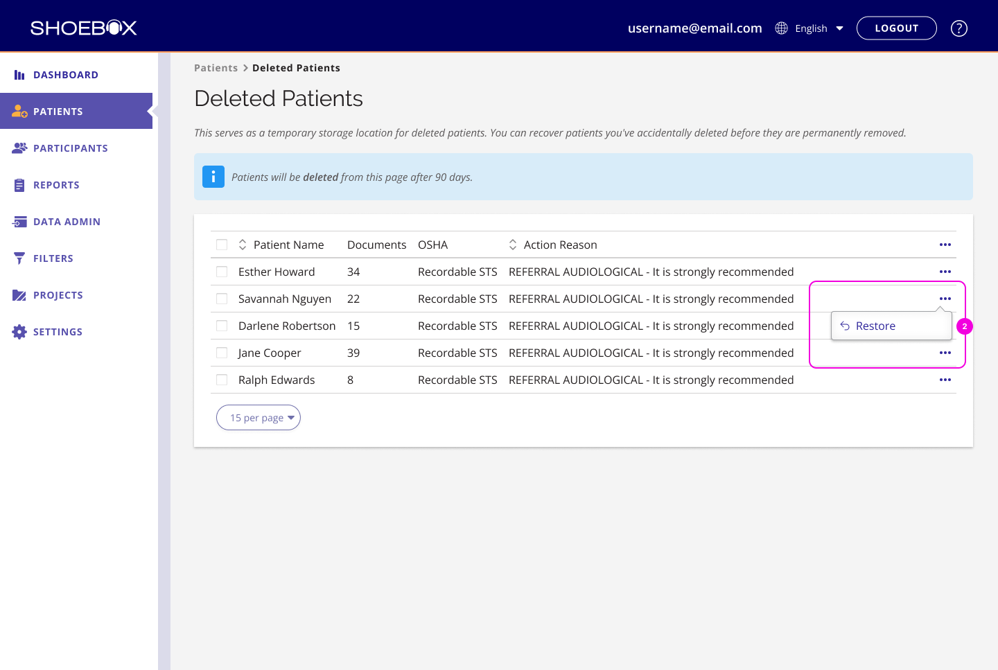The Deleted Patients page lists all patients pending removal with Restore action