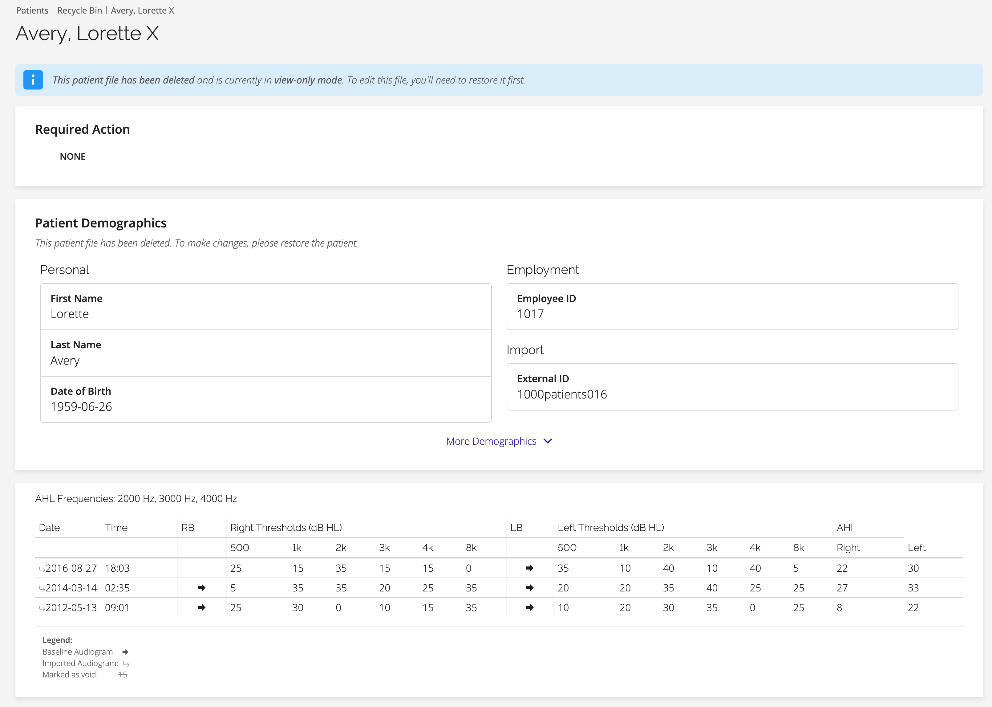 Deleted patients can be viewed in read-only mode before restoring