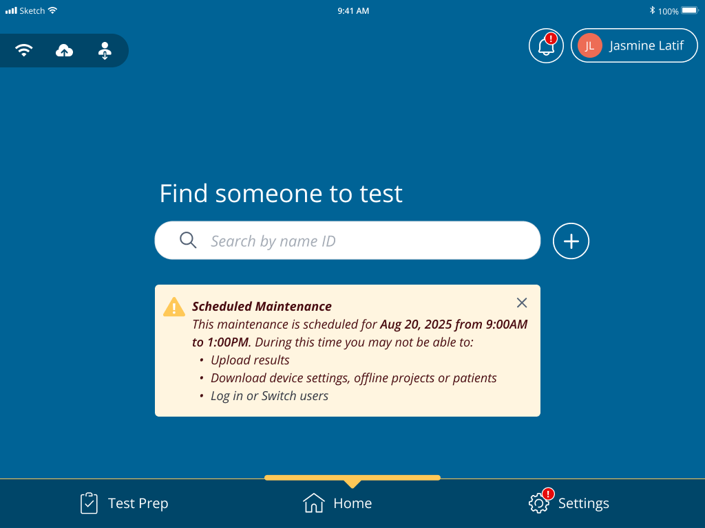 Figure 1: A Scheduled Maintenance banner appears on the home screen ahead of planned downtime.