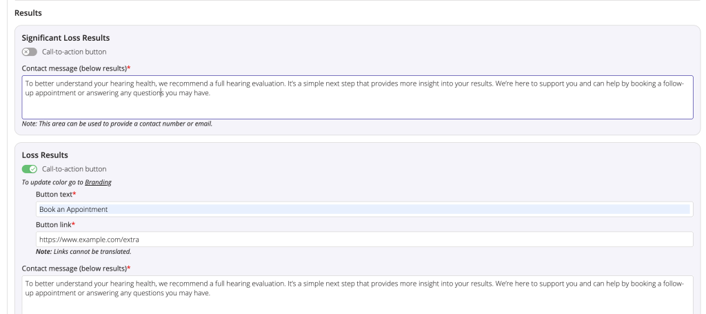 Configure call-to-action buttons and contact messages by result type.