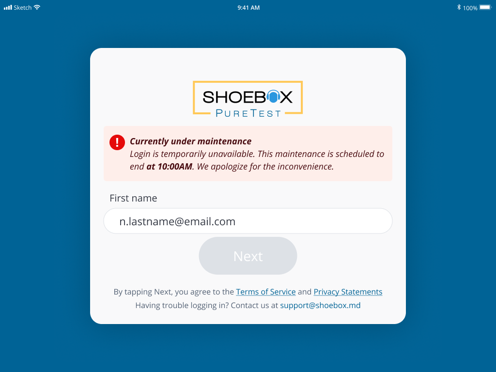 Figure 2: Login screen displays active maintenance notice including the scheduled end time.