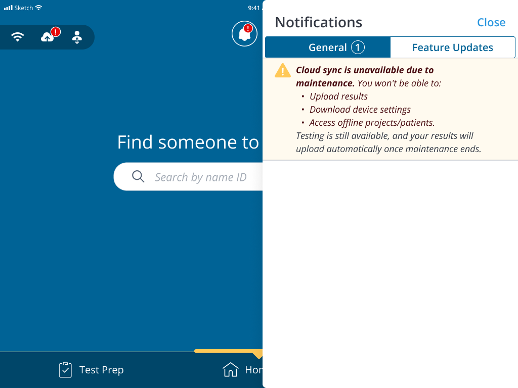 Figure 3: Tapping the bell icon opens the Notifications panel with details on which functions are affected.