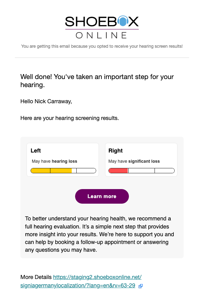 Results email with visual test results and call-to-action enabled.