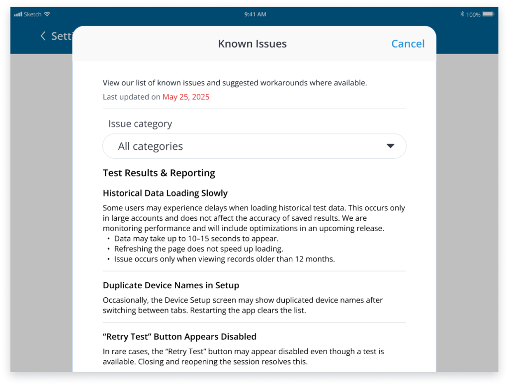 The Known Issues screen lists current issues and workarounds by category, with the last updated date shown at the top.