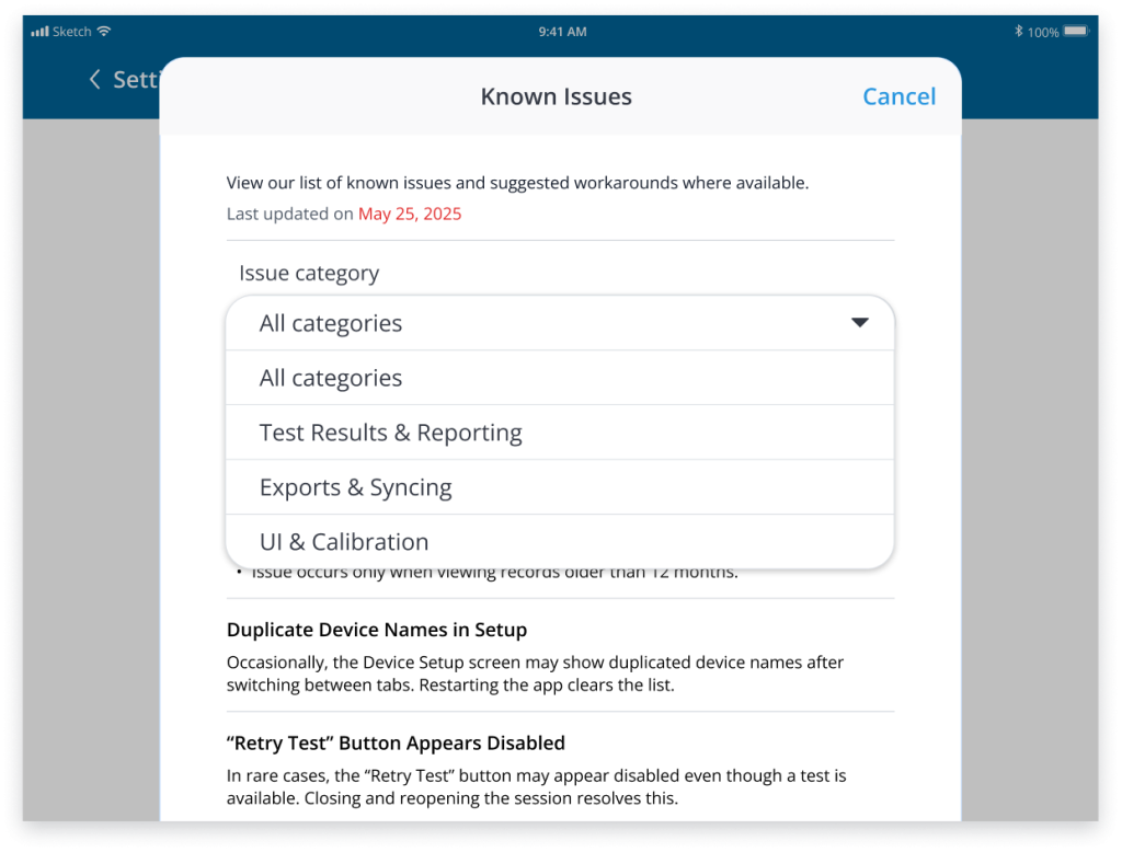 Tap the Issue Category dropdown to filter by topic — including Test Results & Reporting, Exports & Syncing, and UI & Calibration.