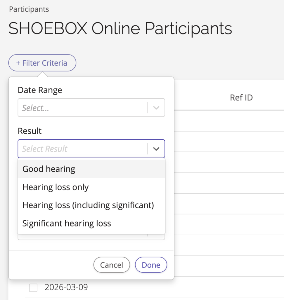 Figure 5: Participant filtering with hearing loss filter options.